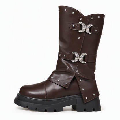 Damen Plateau-Stiefeletten mit mittlerem Blockabsatz, runder Zehenpartie, Nahtdetails, umschlagbarem Schaft und Schnallenriemen