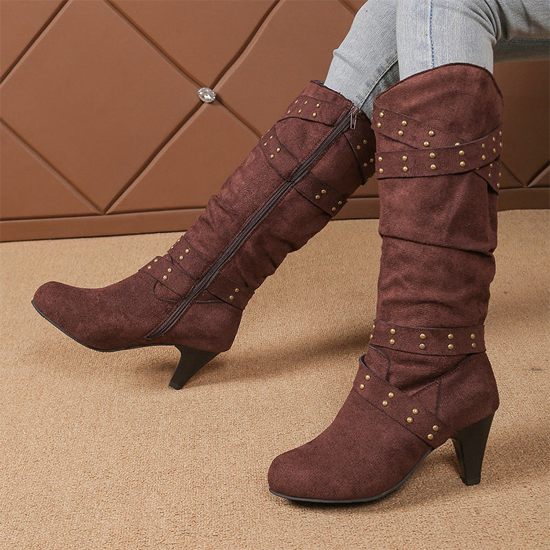 Damen-Stiefel aus Kunstwildleder, lässige Kniehochstiefel