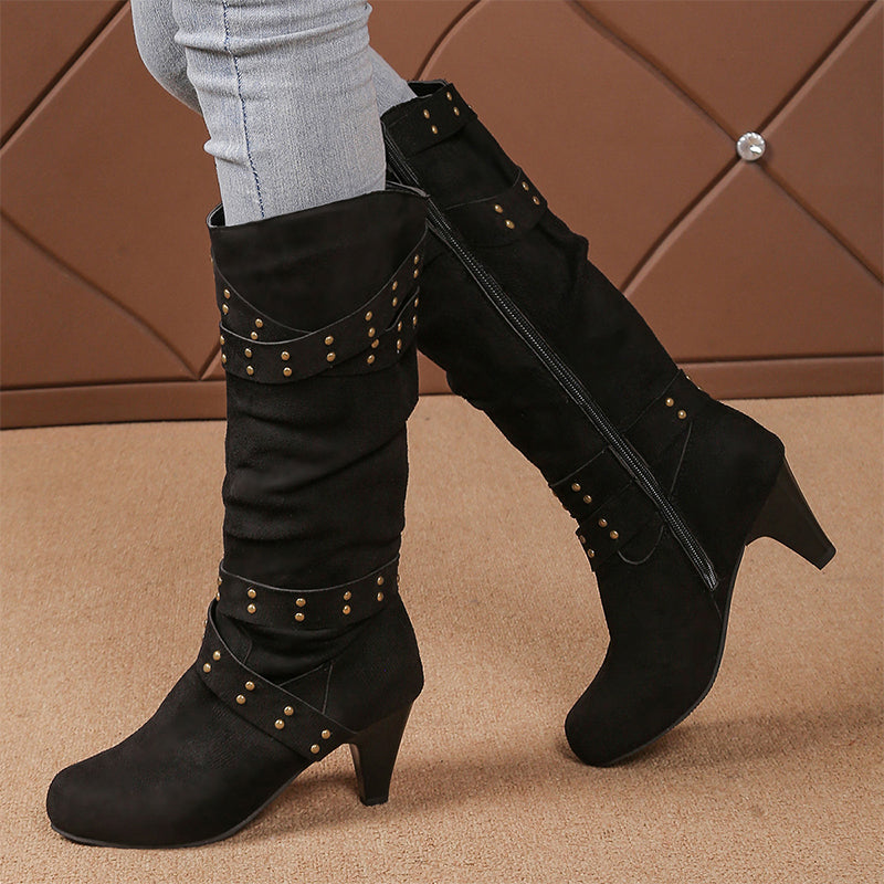 Damen-Stiefel aus Kunstwildleder, lässige Kniehochstiefel