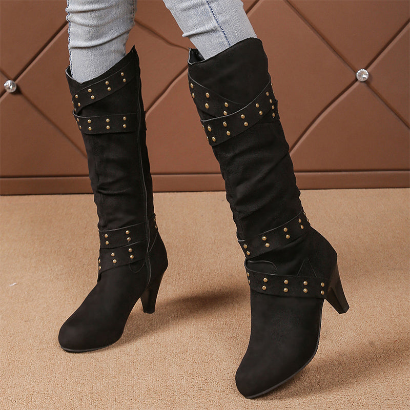 Damen-Stiefel aus Kunstwildleder, lässige Kniehochstiefel