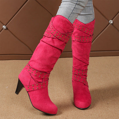 Damen-Stiefel aus Kunstwildleder, lässige Kniehochstiefel