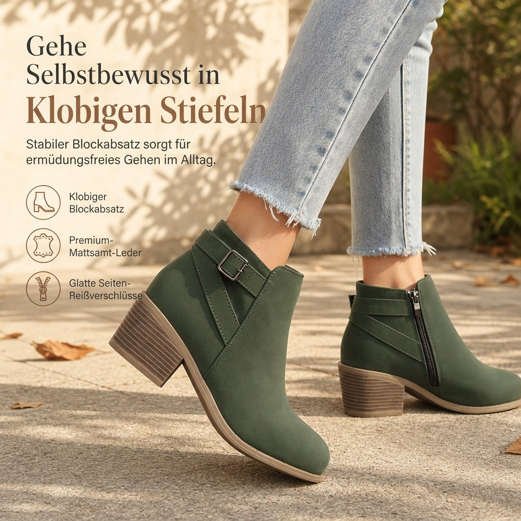 Damen-Wildleder-Marti nstiefel mit schräger Schnalle, klobigem Mittelfußabsatz und Seitenreißverschluss, Stiefeletten