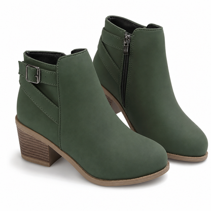 Damen-Wildleder-Marti nstiefel mit schräger Schnalle, klobigem Mittelfußabsatz und Seitenreißverschluss, Stiefeletten