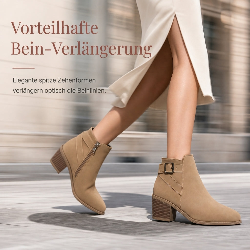 Damen-Wildleder-Marti nstiefel mit schräger Schnalle, klobigem Mittelfußabsatz und Seitenreißverschluss, Stiefeletten