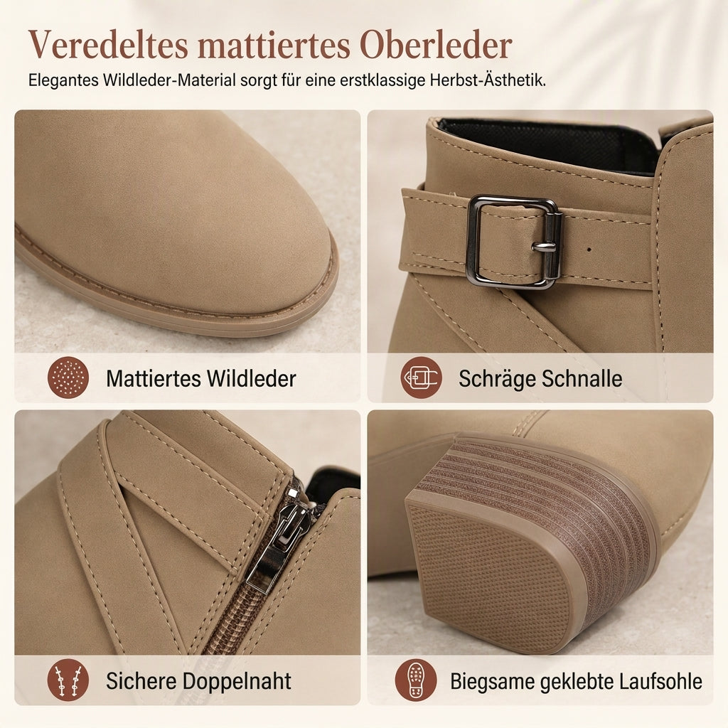 Damen-Wildleder-Marti nstiefel mit schräger Schnalle, klobigem Mittelfußabsatz und Seitenreißverschluss, Stiefeletten