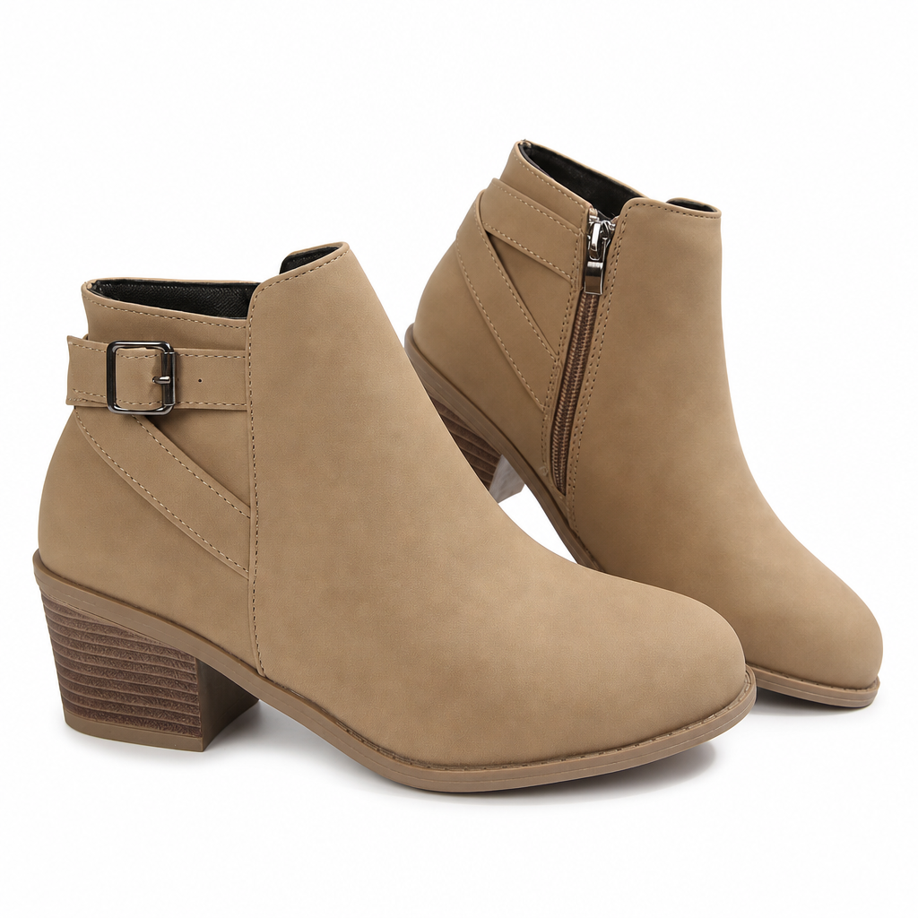 Damen-Wildleder-Marti nstiefel mit schräger Schnalle, klobigem Mittelfußabsatz und Seitenreißverschluss, Stiefeletten
