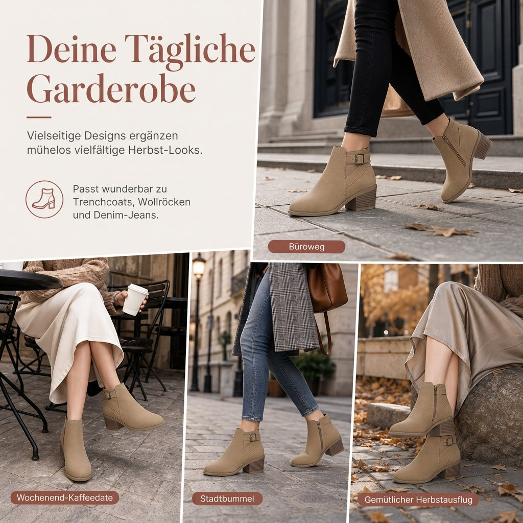 Damen-Wildleder-Marti nstiefel mit schräger Schnalle, klobigem Mittelfußabsatz und Seitenreißverschluss, Stiefeletten