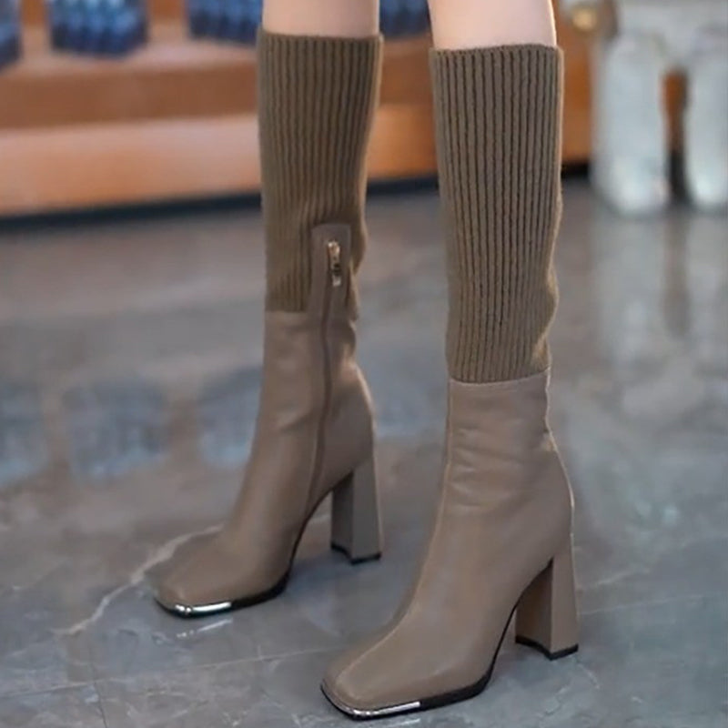 Dehnbare Stiefel für Damen mit hohem Blockabsatz aus Strickmaterial