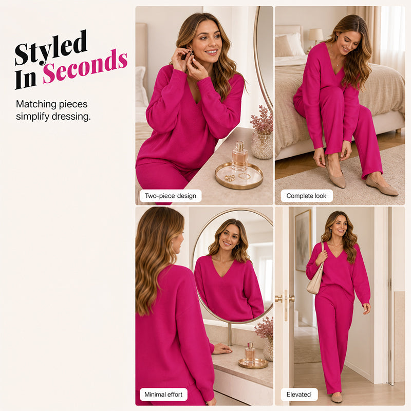 🌟 Der Look, den alle suchen – bei uns 50% günstiger! Gestricktes V-Ausschnitt-Pullover & Weite-Hosen-Set für Damen