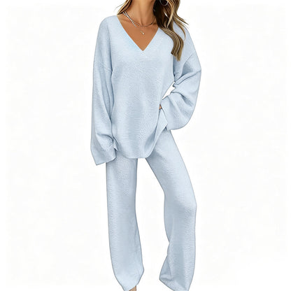 🌟 Der Look, den alle suchen – bei uns 50% günstiger! Gestricktes V-Ausschnitt-Pullover & Weite-Hosen-Set für Damen