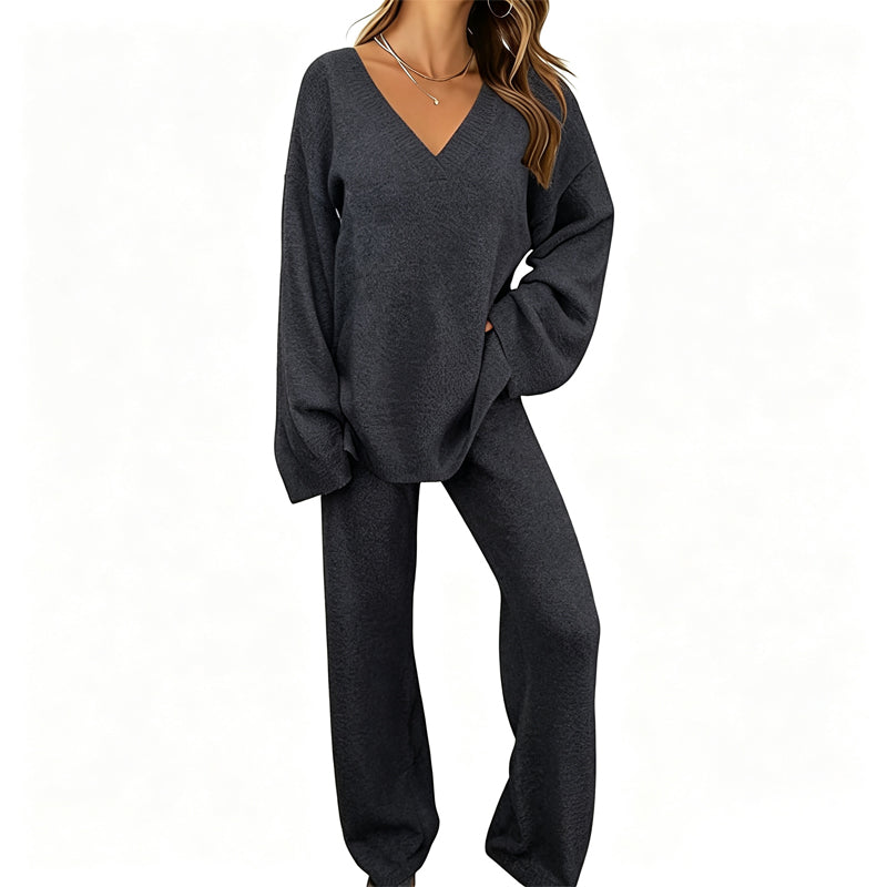 🌟 Der Look, den alle suchen – bei uns 50% günstiger! Gestricktes V-Ausschnitt-Pullover & Weite-Hosen-Set für Damen