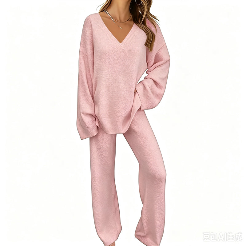 🌟 Der Look, den alle suchen – bei uns 50% günstiger! Gestricktes V-Ausschnitt-Pullover & Weite-Hosen-Set für Damen