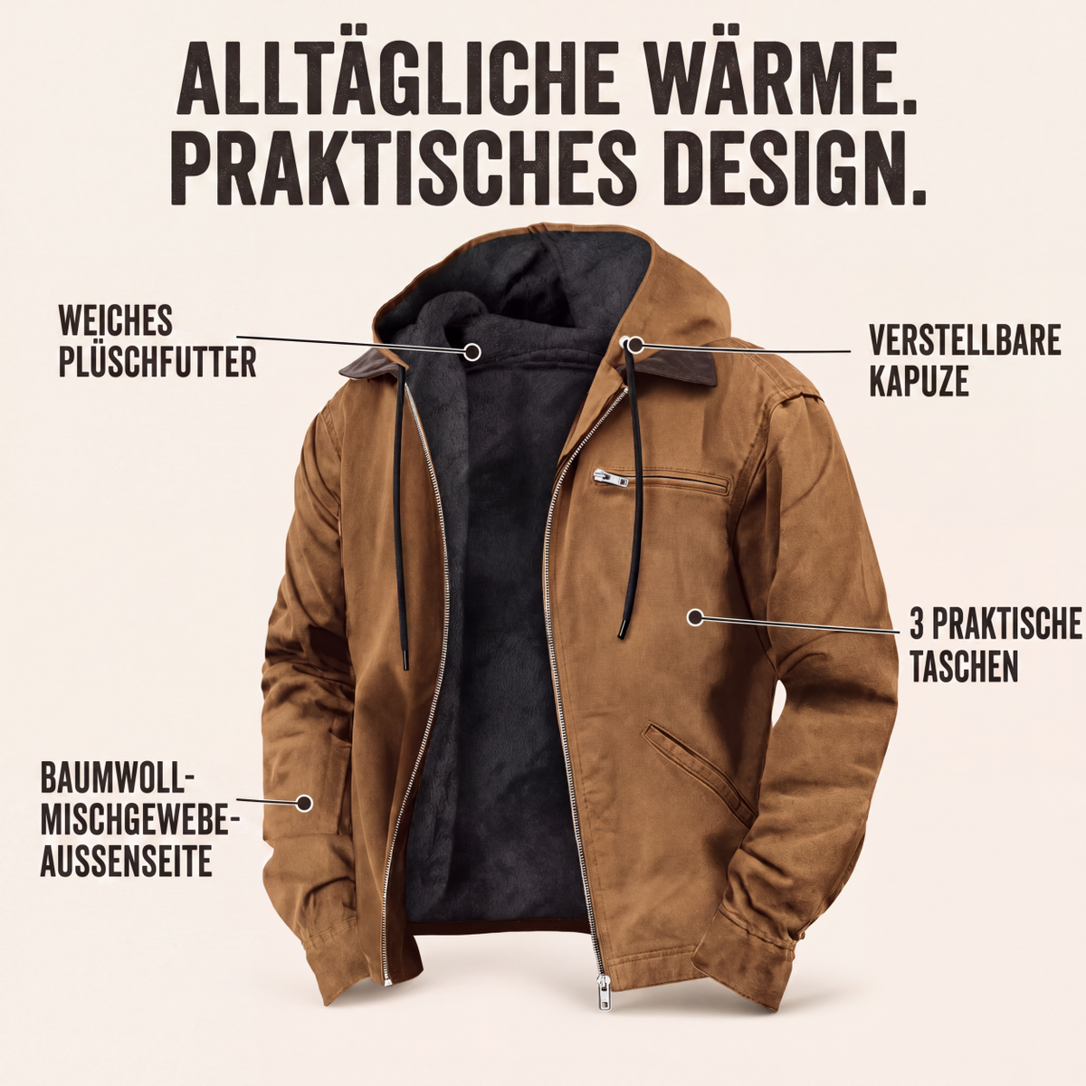 🔁 1000+ echte Bewertungen – durchweg positiv! Herren Arbeitsjacke mit Kapuze und Plüschfutter
