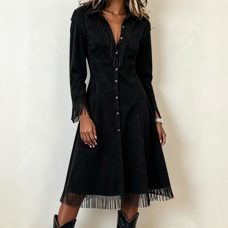⏰ Countdown läuft – 50% nur noch 3 Tage! Damen Vintage Langarm Fransenkleid
