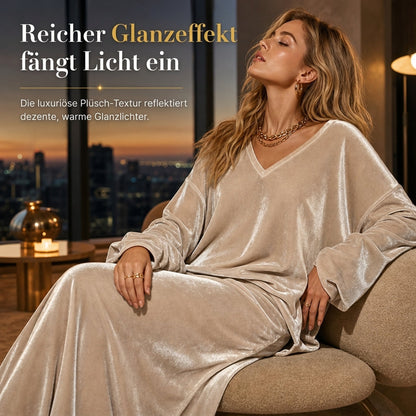 ⏰ Countdown läuft – 50% nur noch 3 Tage! Zweiteiliges Damen-Set aus Samt, Unifarbe, langärmeliges Oberteil mit tiefem V-Ausschnitt, weites Design & ausgestellter Maxirock