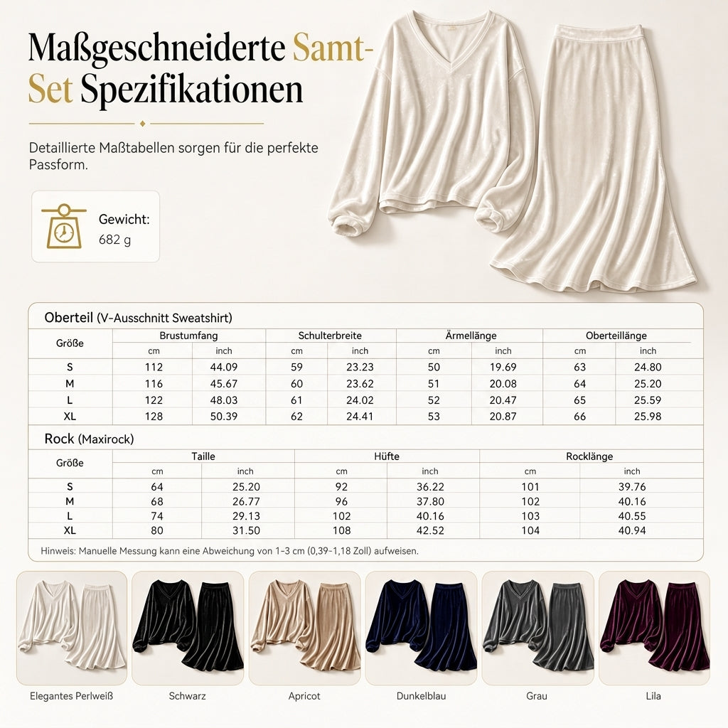 ⏰ Countdown läuft – 50% nur noch 3 Tage! Zweiteiliges Damen-Set aus Samt, Unifarbe, langärmeliges Oberteil mit tiefem V-Ausschnitt, weites Design & ausgestellter Maxirock