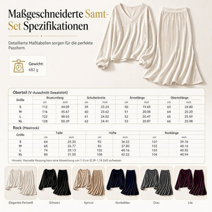 ⏰ Countdown läuft – 50% nur noch 3 Tage! Zweiteiliges Damen-Set aus Samt, Unifarbe, langärmeliges Oberteil mit tiefem V-Ausschnitt, weites Design & ausgestellter Maxirock