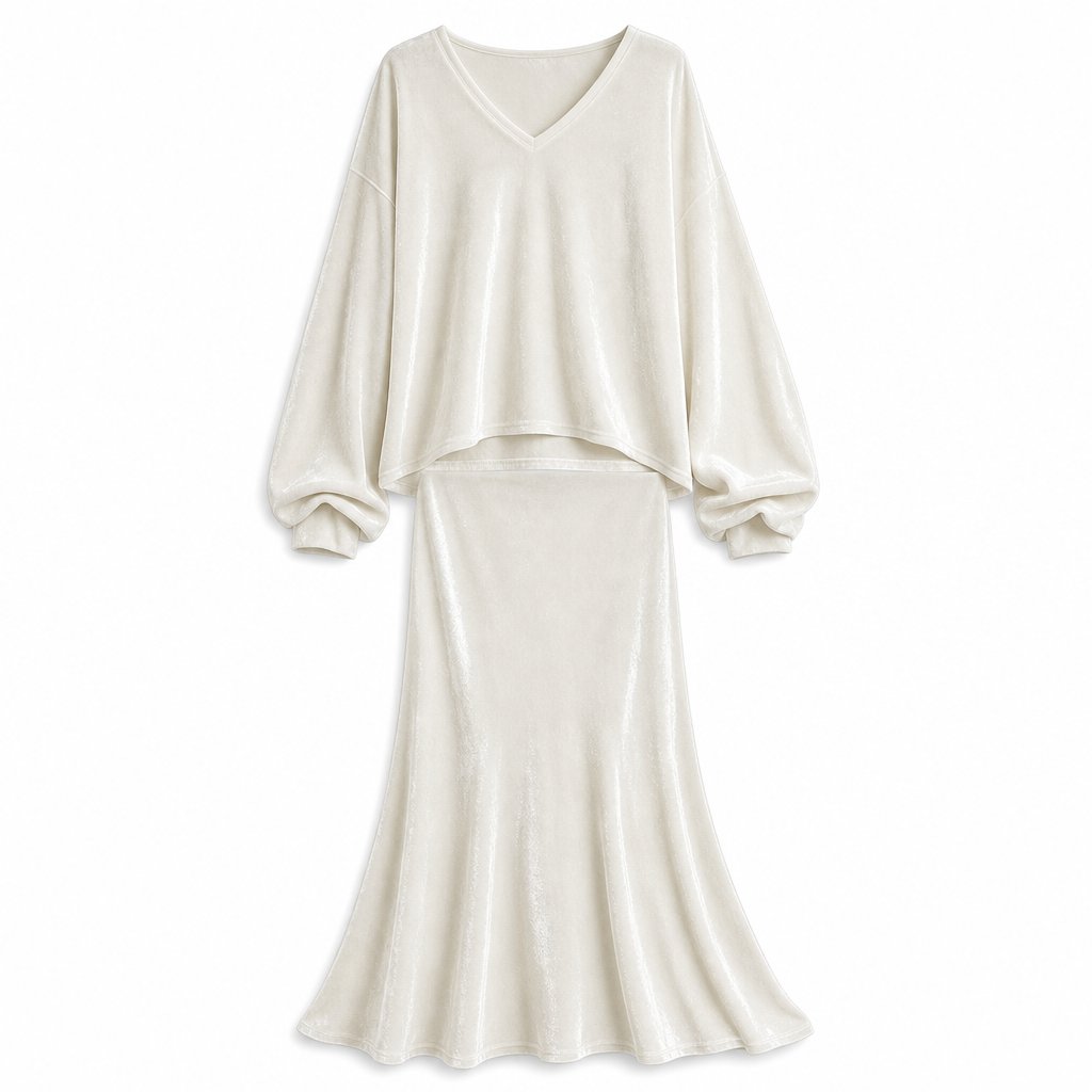⏰ Countdown läuft – 50% nur noch 3 Tage! Zweiteiliges Damen-Set aus Samt, Unifarbe, langärmeliges Oberteil mit tiefem V-Ausschnitt, weites Design & ausgestellter Maxirock