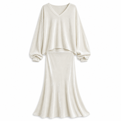 ⏰ Countdown läuft – 50% nur noch 3 Tage! Zweiteiliges Damen-Set aus Samt, Unifarbe, langärmeliges Oberteil mit tiefem V-Ausschnitt, weites Design & ausgestellter Maxirock