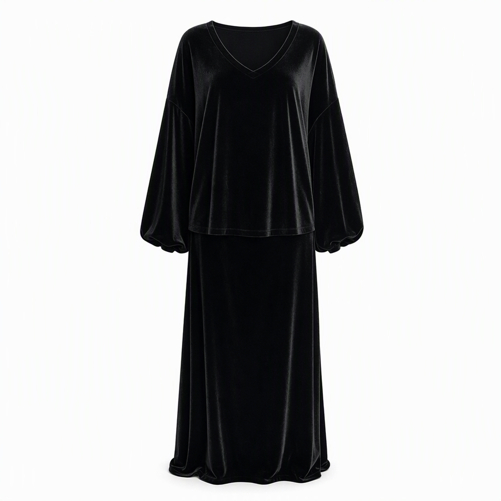 ⏰ Countdown läuft – 50% nur noch 3 Tage! Zweiteiliges Damen-Set aus Samt, Unifarbe, langärmeliges Oberteil mit tiefem V-Ausschnitt, weites Design & ausgestellter Maxirock