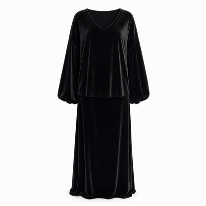 ⏰ Countdown läuft – 50% nur noch 3 Tage! Zweiteiliges Damen-Set aus Samt, Unifarbe, langärmeliges Oberteil mit tiefem V-Ausschnitt, weites Design & ausgestellter Maxirock
