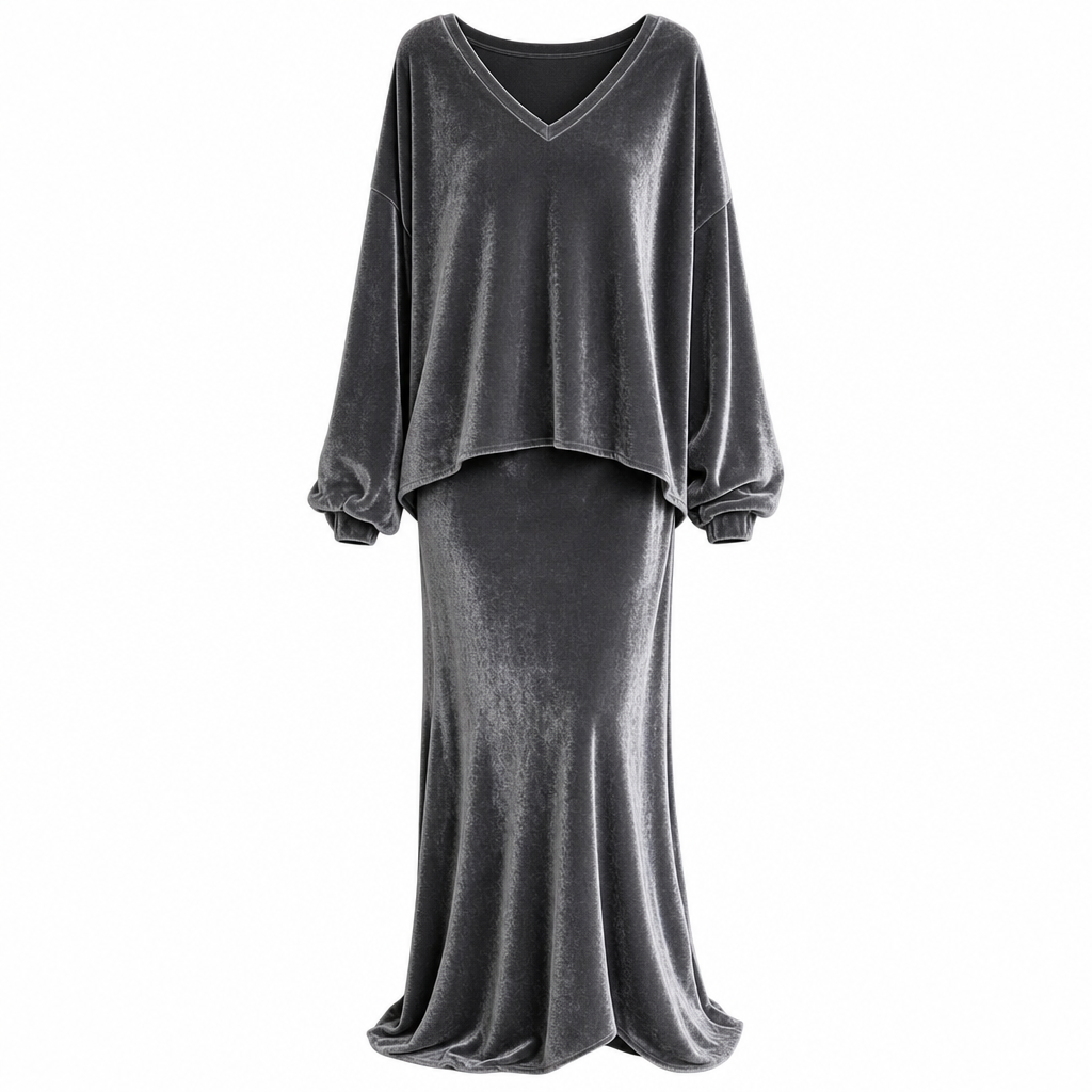 ⏰ Countdown läuft – 50% nur noch 3 Tage! Zweiteiliges Damen-Set aus Samt, Unifarbe, langärmeliges Oberteil mit tiefem V-Ausschnitt, weites Design & ausgestellter Maxirock