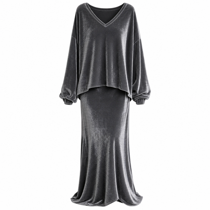 ⏰ Countdown läuft – 50% nur noch 3 Tage! Zweiteiliges Damen-Set aus Samt, Unifarbe, langärmeliges Oberteil mit tiefem V-Ausschnitt, weites Design & ausgestellter Maxirock
