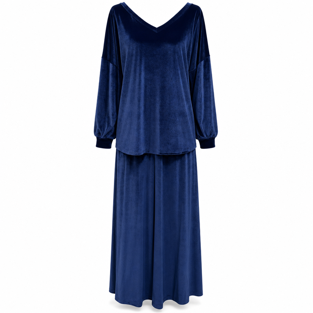 ⏰ Countdown läuft – 50% nur noch 3 Tage! Zweiteiliges Damen-Set aus Samt, Unifarbe, langärmeliges Oberteil mit tiefem V-Ausschnitt, weites Design & ausgestellter Maxirock