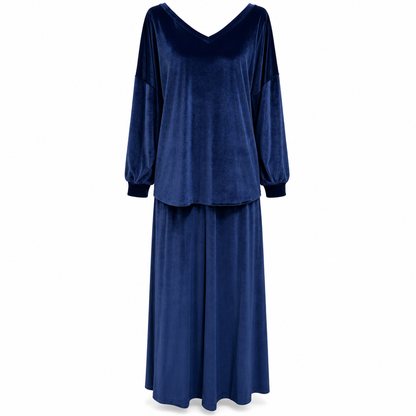 ⏰ Countdown läuft – 50% nur noch 3 Tage! Zweiteiliges Damen-Set aus Samt, Unifarbe, langärmeliges Oberteil mit tiefem V-Ausschnitt, weites Design & ausgestellter Maxirock