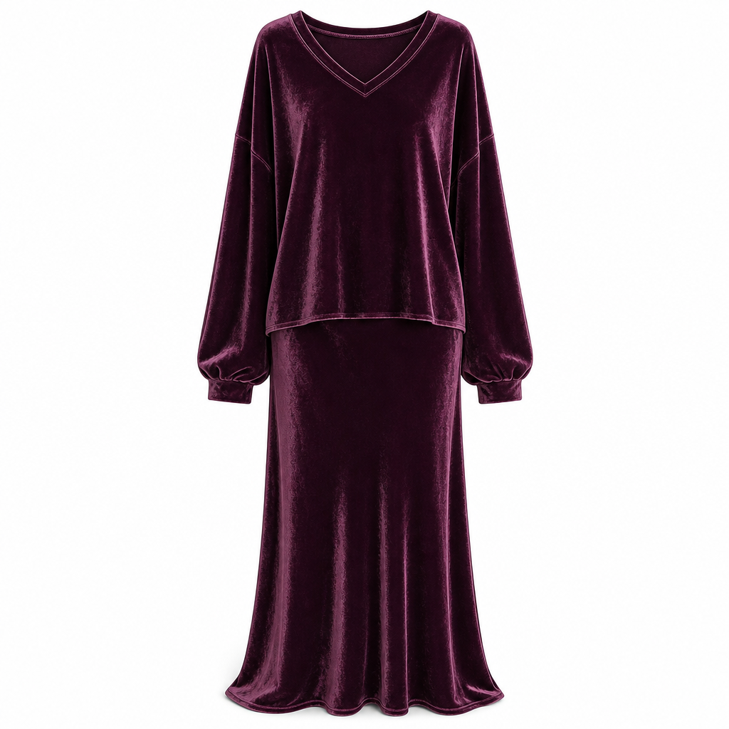 ⏰ Countdown läuft – 50% nur noch 3 Tage! Zweiteiliges Damen-Set aus Samt, Unifarbe, langärmeliges Oberteil mit tiefem V-Ausschnitt, weites Design & ausgestellter Maxirock
