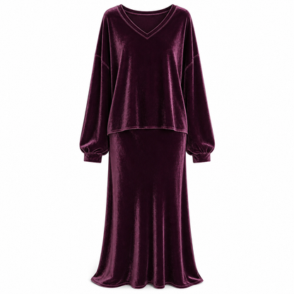 ⏰ Countdown läuft – 50% nur noch 3 Tage! Zweiteiliges Damen-Set aus Samt, Unifarbe, langärmeliges Oberteil mit tiefem V-Ausschnitt, weites Design & ausgestellter Maxirock
