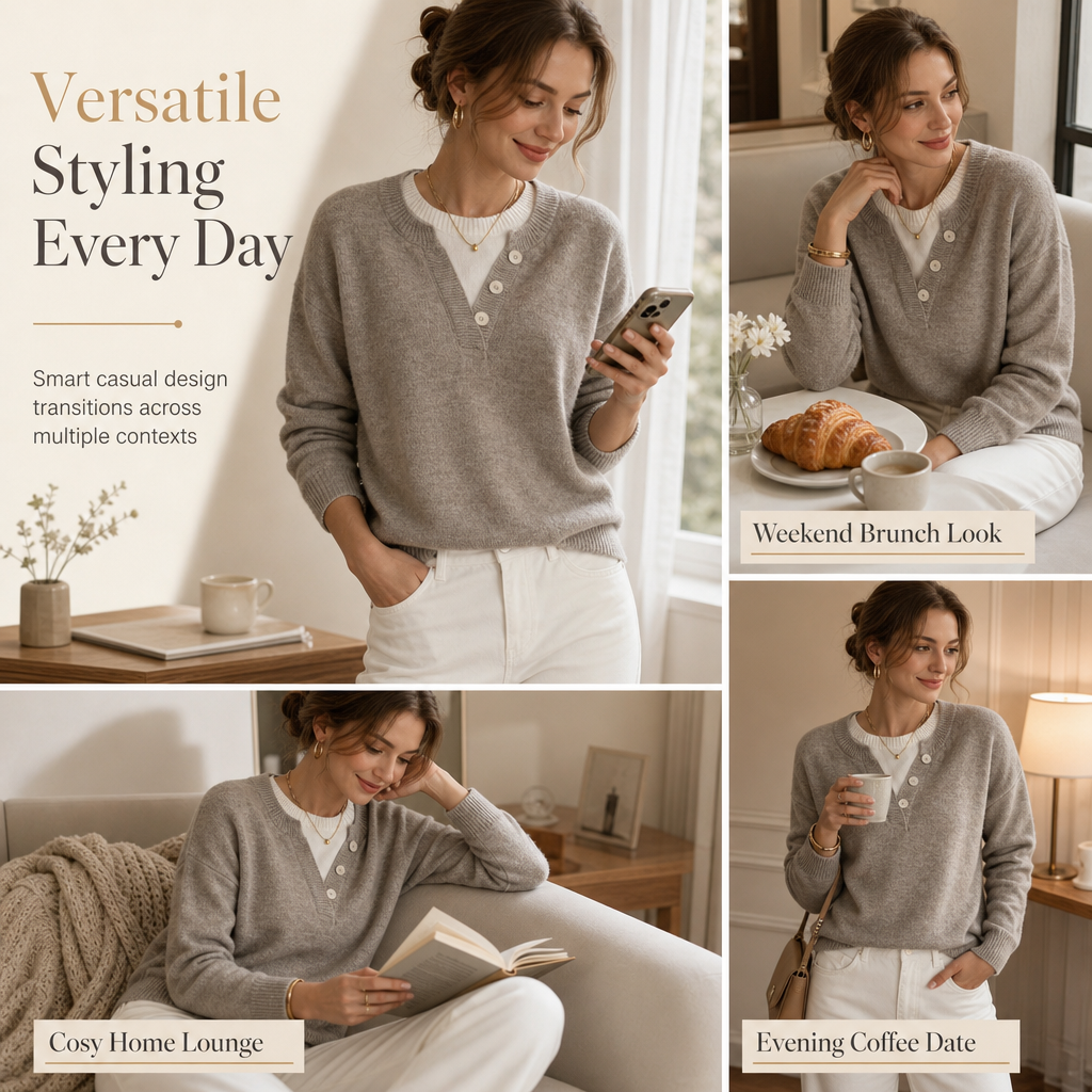 Lässiger zweiteiliger Strickpullover mit V-Ausschnitt und Knopfdetails