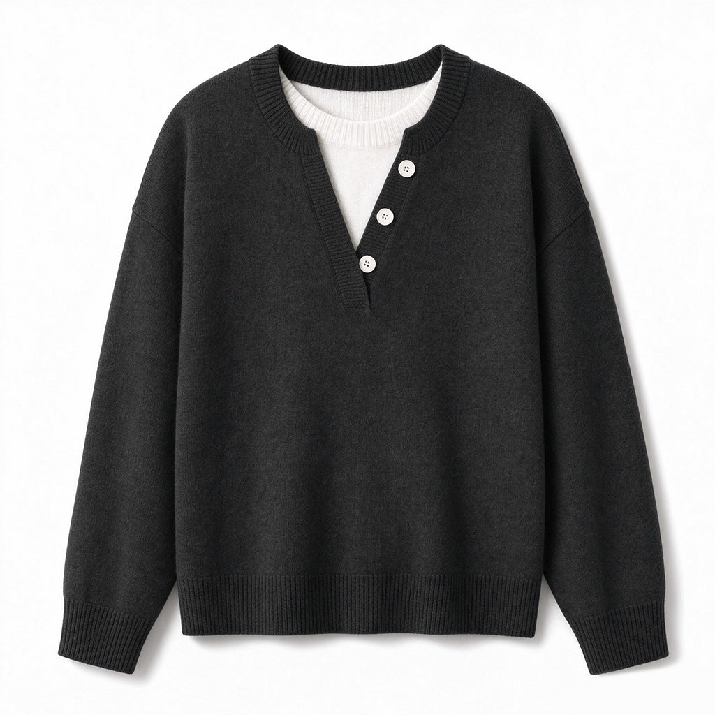 Lässiger zweiteiliger Strickpullover mit V-Ausschnitt und Knopfdetails