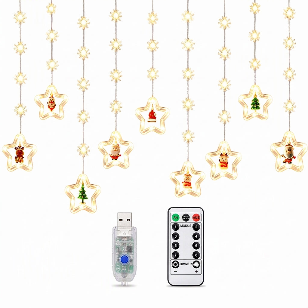 🎄Begrenzte Zeit 50% Rabatt🎄 Weihnachtsvorhang-Lichterkette – Fernbedienung & 8 Beleuchtungsmodi für gemütliche Festtagsfenster ✨🎁