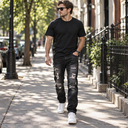 Herren zerrissene, schmale, used-out Denim-Jeans
