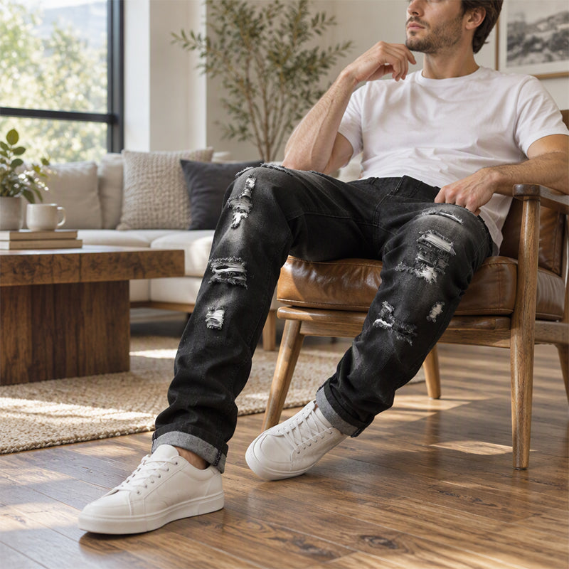 Herren zerrissene, schmale, used-out Denim-Jeans
