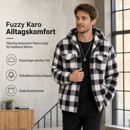 🔥 50% RABATT + GRATIS VERSAND 🚚 Flauschiger, karierter Herren-Kapuzenmantel mit Reißverschluss & zwei Brusttaschen mit Klappe