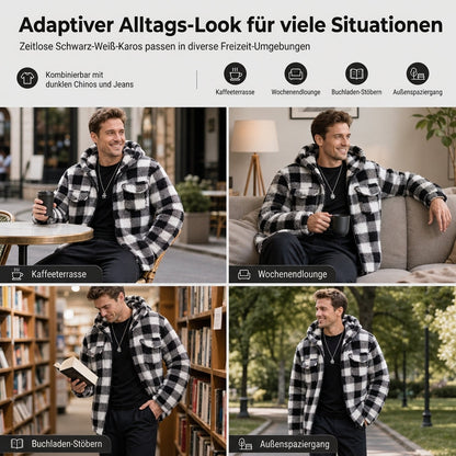 🔥 50% RABATT + GRATIS VERSAND 🚚 Flauschiger, karierter Herren-Kapuzenmantel mit Reißverschluss & zwei Brusttaschen mit Klappe