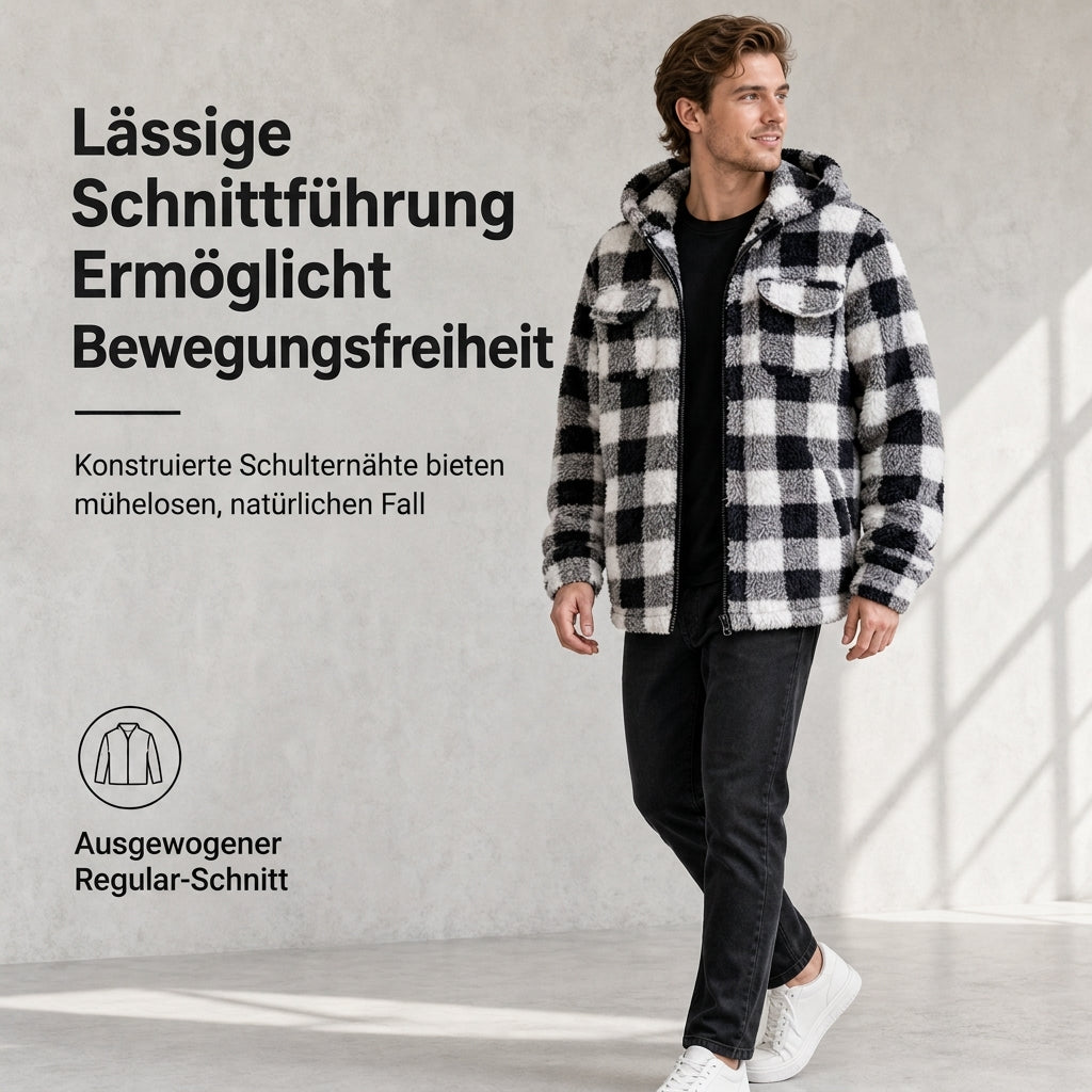 🔥 50% RABATT + GRATIS VERSAND 🚚 Flauschiger, karierter Herren-Kapuzenmantel mit Reißverschluss & zwei Brusttaschen mit Klappe