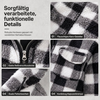 🔥 50% RABATT + GRATIS VERSAND 🚚 Flauschiger, karierter Herren-Kapuzenmantel mit Reißverschluss & zwei Brusttaschen mit Klappe