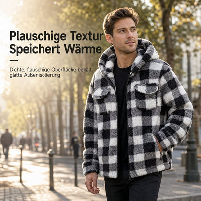 🔥 50% RABATT + GRATIS VERSAND 🚚 Flauschiger, karierter Herren-Kapuzenmantel mit Reißverschluss & zwei Brusttaschen mit Klappe