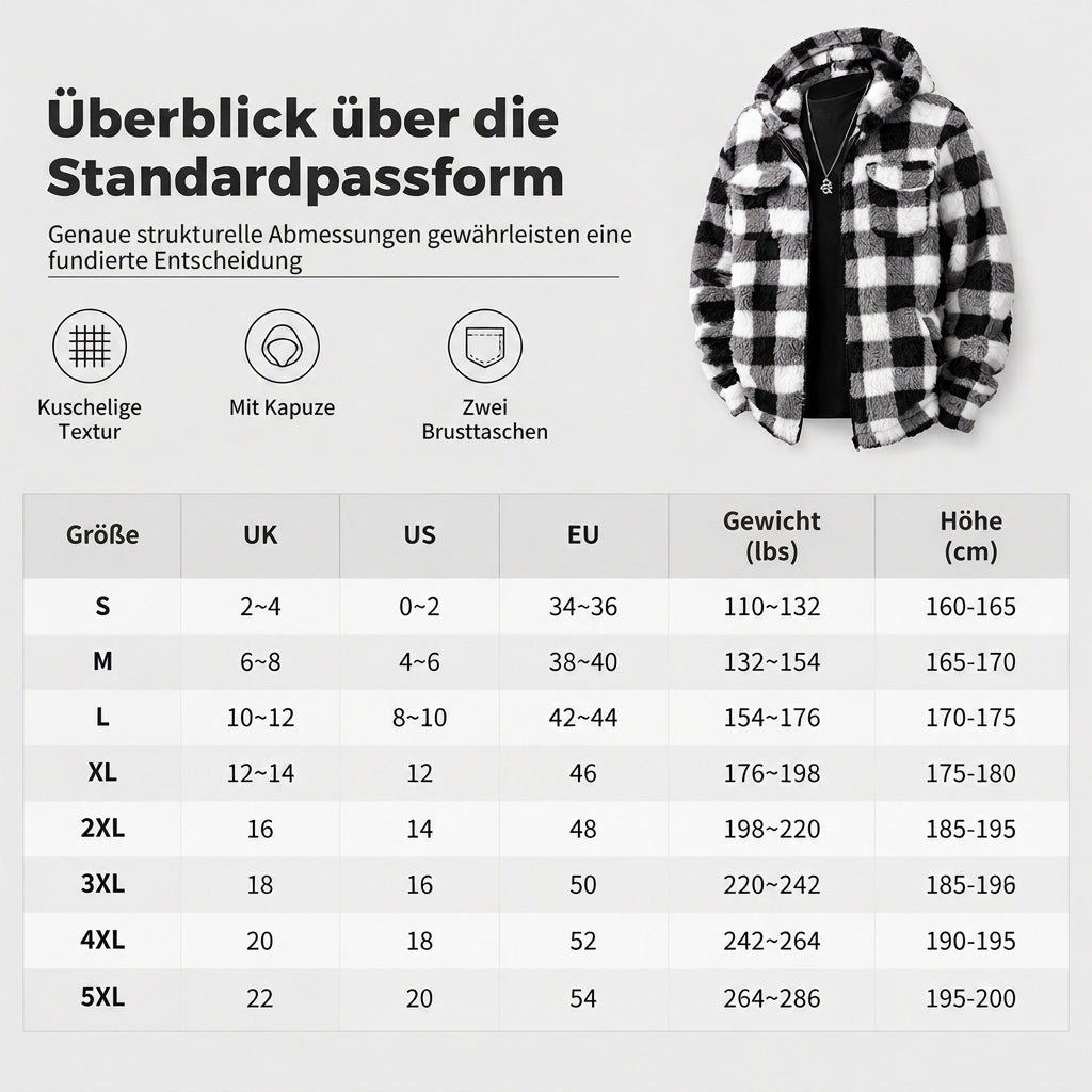 🔥 50% RABATT + GRATIS VERSAND 🚚 Flauschiger, karierter Herren-Kapuzenmantel mit Reißverschluss & zwei Brusttaschen mit Klappe