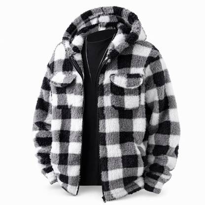 🔥 50% RABATT + GRATIS VERSAND 🚚 Flauschiger, karierter Herren-Kapuzenmantel mit Reißverschluss & zwei Brusttaschen mit Klappe