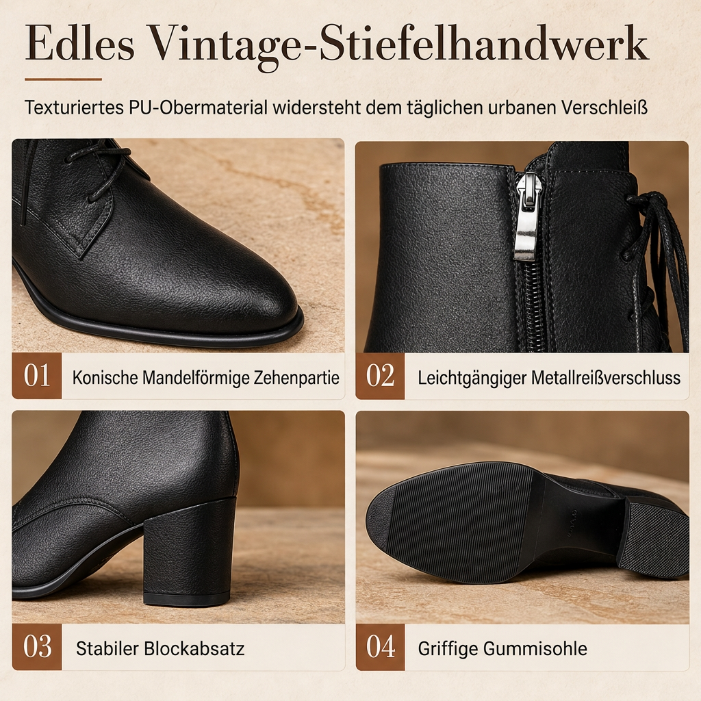 Damen Vintage Britischer-Stil Schnürstiefel Mit Spitzer Zehenpartie Und Block-Mittelabsatz