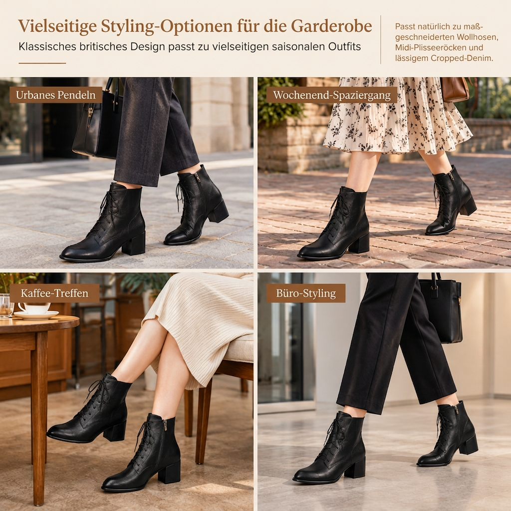 Damen Vintage Britischer-Stil Schnürstiefel Mit Spitzer Zehenpartie Und Block-Mittelabsatz