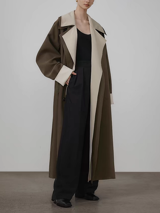 Contrast lapel collar Two-piece coat with belt