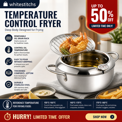 🍤 Nur für kurze Zeit: 50 % Rabatt! ⚡ Tempura-Fritteuse aus Edelstahl 201 – mit Thermometer, Abtropfgitter und tiefem Korpus ✨