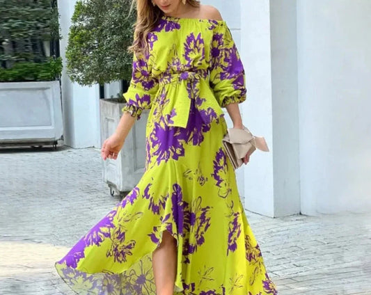 Yellow dress with purple floral print and belt - Isabella