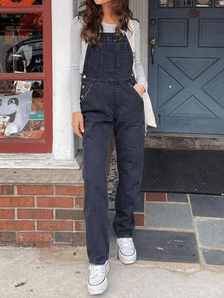 Schwarzer Vintage Washed Denim Overall mit Geradem Bein